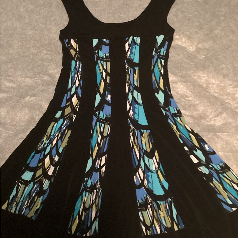 Connected Apparel Black Maxi Dress with Blue and Green Graphic Panels.  C32